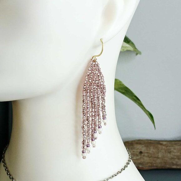 Pink & White Beaded Fringe Cascade Shoulder Duster Dangle Earrings, 3.5" - Picture 1 of 7